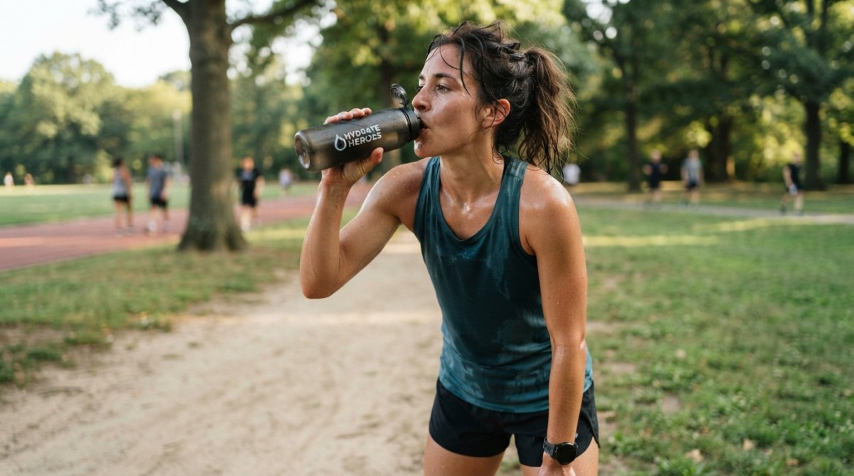 Athlete drinking a hydration beverage after intense workout, visibly fatigued with sweat on skin, showing the recovery moment in natural outdoor lighting