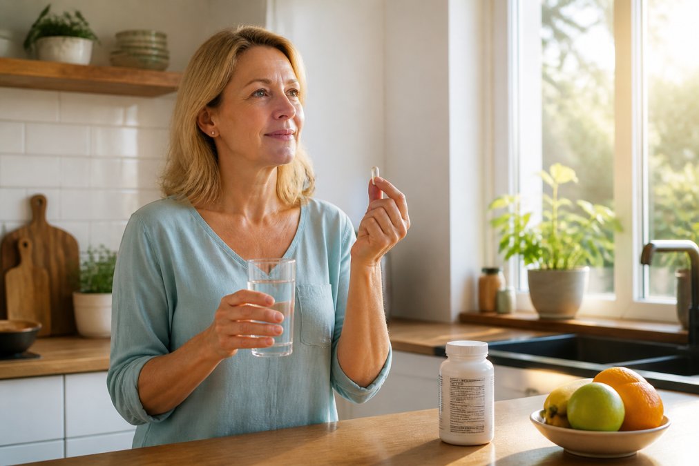 A woman in her fifties in a bright kitchen, holding a glass of water and a small white supplement capsule, morning light through the window, a labelled supplement bottle on the counter beside her