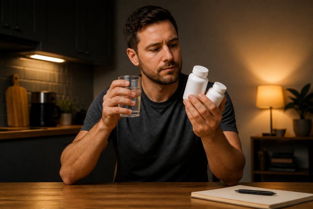A person in their 30s sitting at a kitchen table in the evening, holding a glass of water and looking at two supplement bottles, with a calm expression and soft lamp light in the background