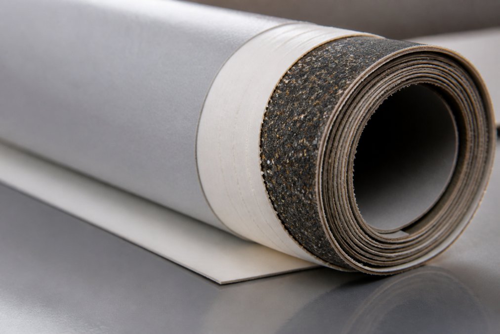 Close-up of ferrous wallcovering roll showing layered substrate construction with visible iron particle distribution and protective surface coating under studio lighting