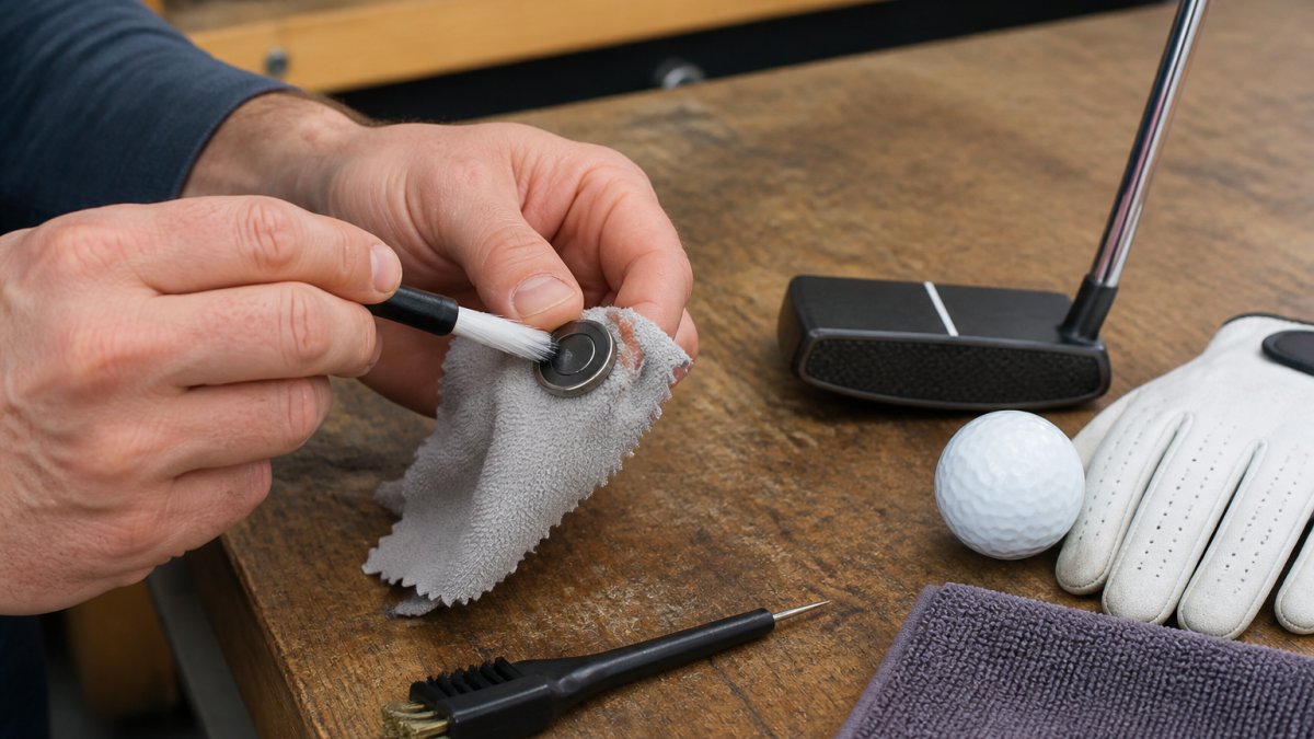 Close-up of a golfer's hands using a soft cloth and small brush to clean a magnetic ball marker on a workbench, with a putter and golf glove nearby