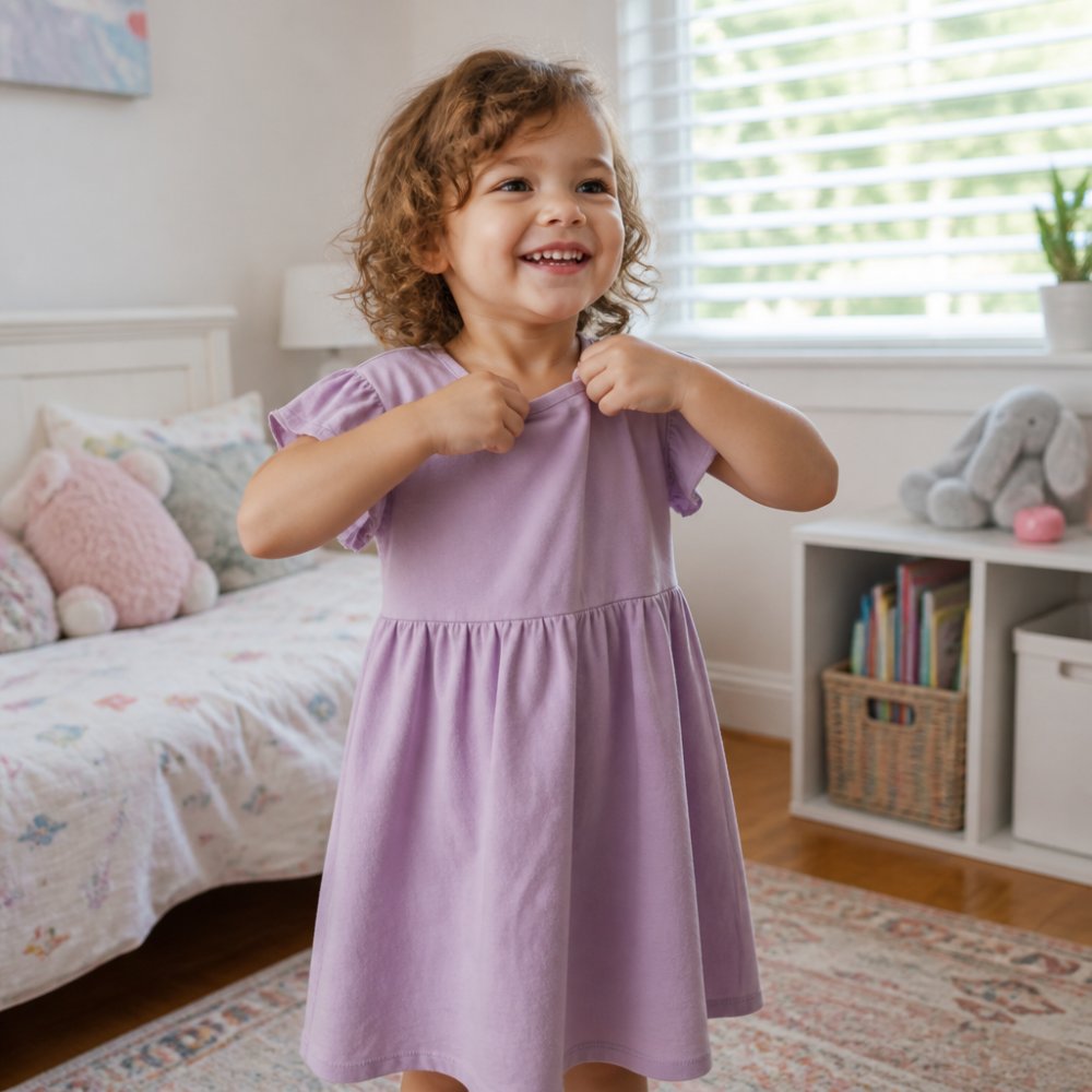 A young child smiling while easily pulling on a soft dress with magnetic closures at the neckline, standing in a bright bedroom with morning light