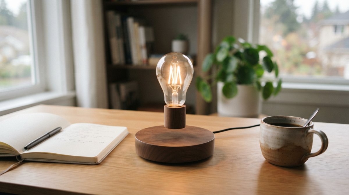 A modern home office desk featuring a glowing levitating light bulb floating above its wooden base, surrounded by an open notebook and a ceramic coffee cup in soft morning light