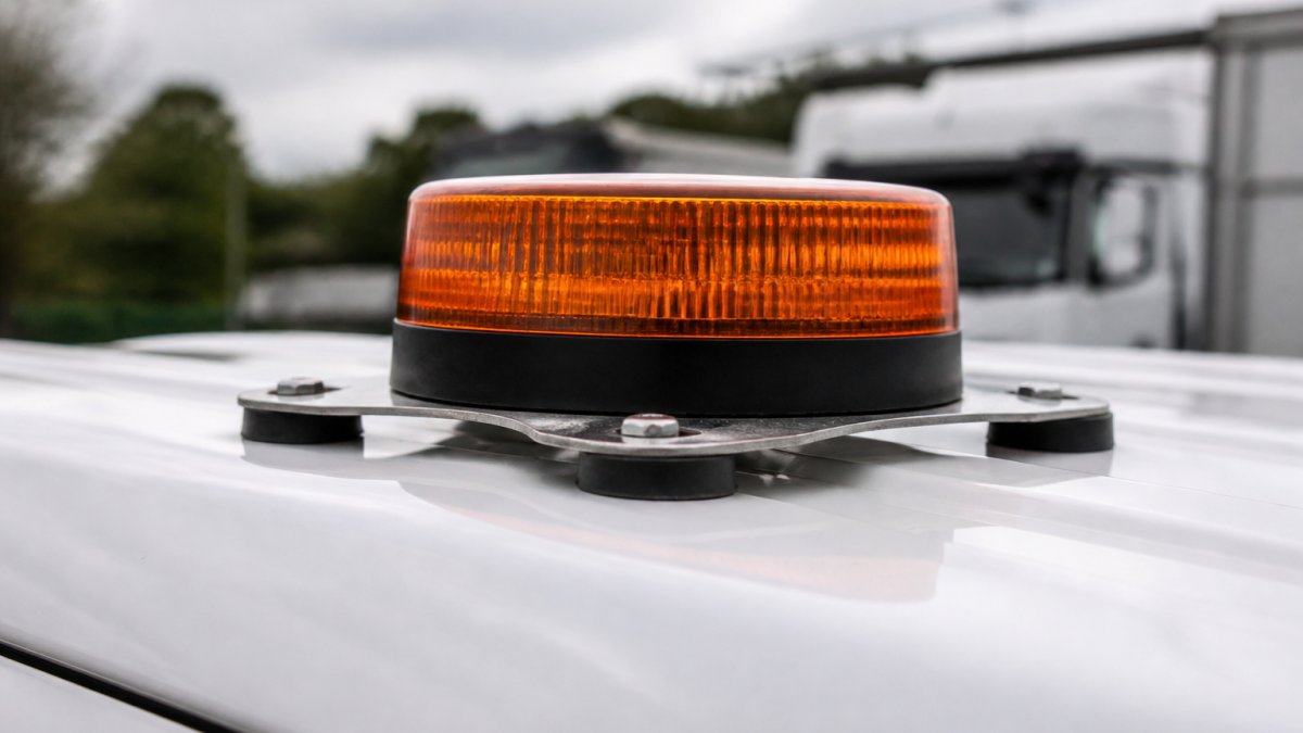 Magnetic Mount Hazard Lights for Fleet Vehicles Close-up of a magnetic mount amber beacon securely attached to a vehicle roof, showing the metal base and protective rubber contact pads preventing direct contact with paintwork