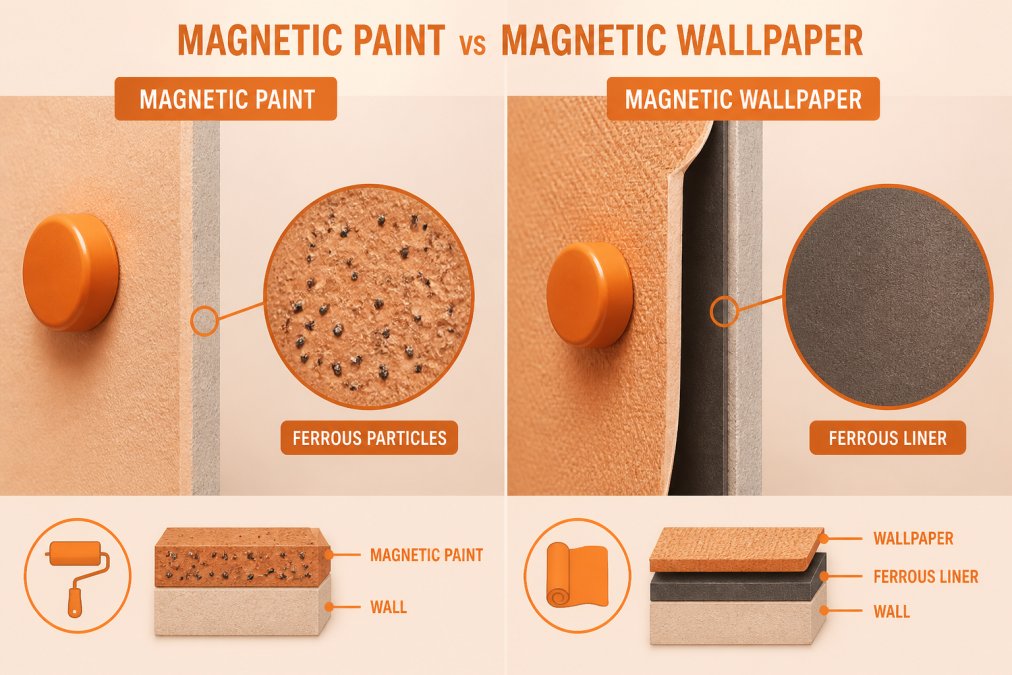 Side-by-side comparison of magnetic paint vs magnetic wallpaper