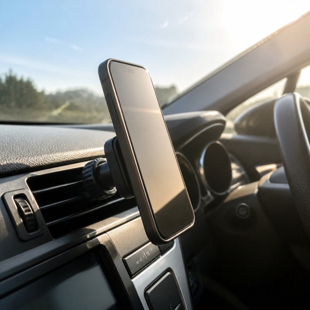 Close-up of a smartphone mounted on a car dashboard vent in bright sunlight, showing the mount and phone with visible heat shimmer, interior of a modern car