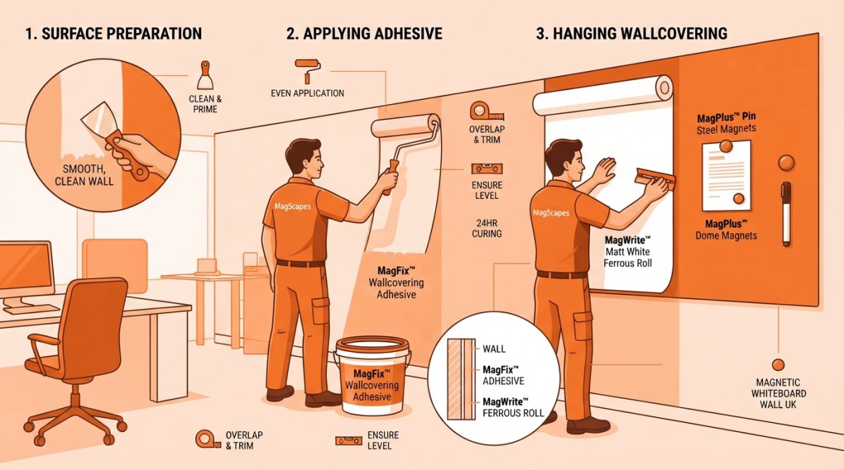 Professional decorator applying magnetic primer to office wall using roller technique, showing proper coverage and smooth, even strokes with natural office lighting