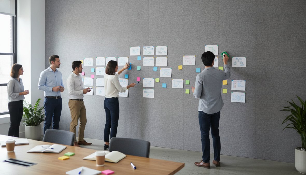 A diverse team of professionals in a modern open-plan office collaborating around a magnetic wall with colorful sketches, project notes, and magnetic accessories displayed at varying heights, natural light streaming through windows