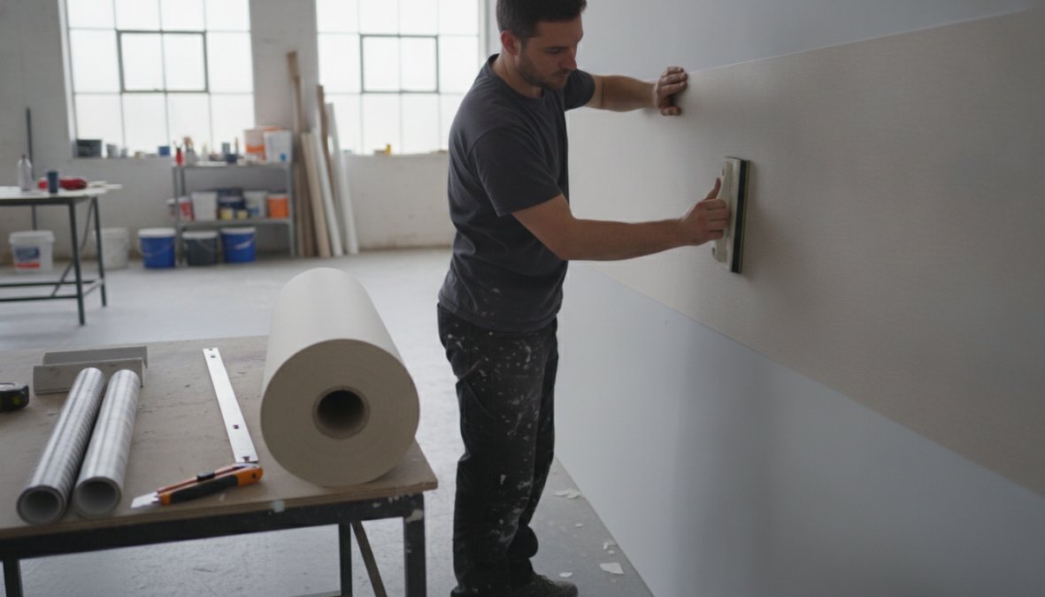Person carefully smoothing adhesive-backed magnetic wallcovering onto a creative studio wall with hands positioned to eliminate air bubbles, showing the application technique without any drills or permanent tools visible