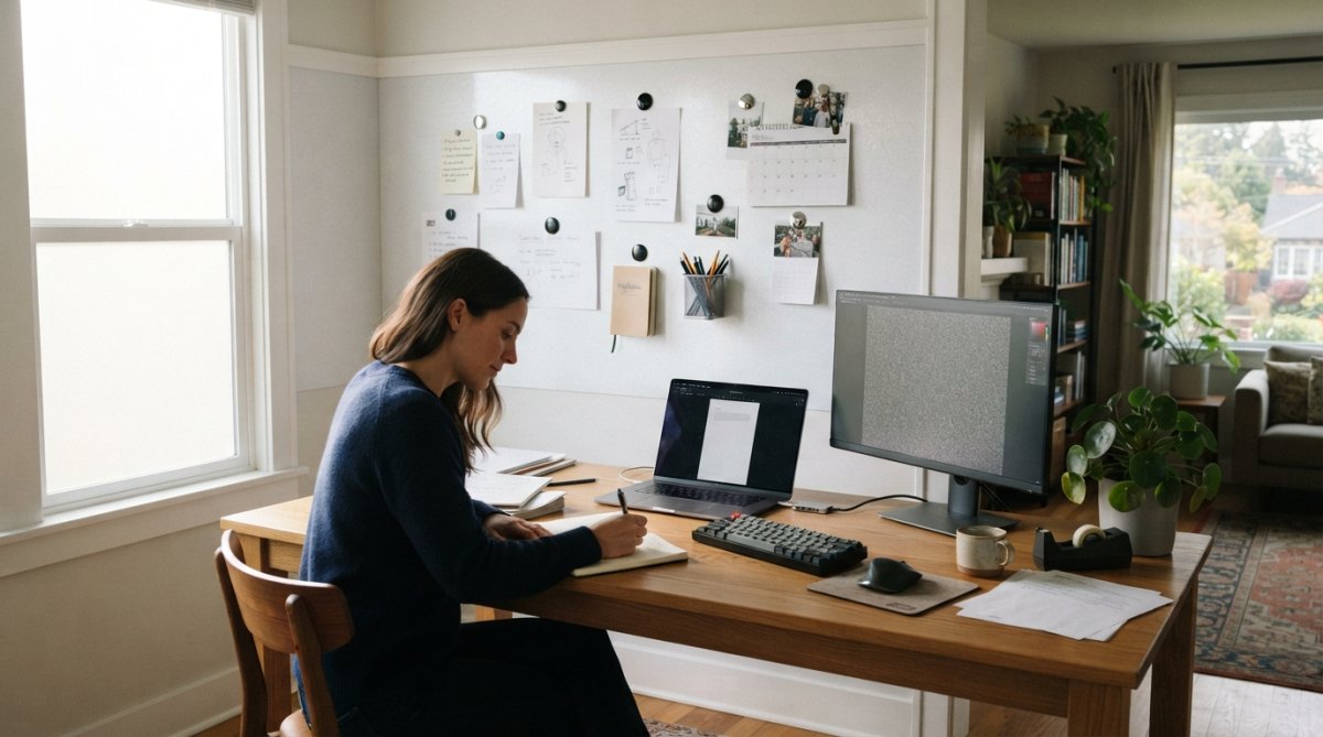 Modern home office featuring a matt white magnetic wallcovering accent wall with design sketches, mood board materials, and color swatches pinned with minimalist magnets; a professional seated at a desk nearby with natural light streaming through a window