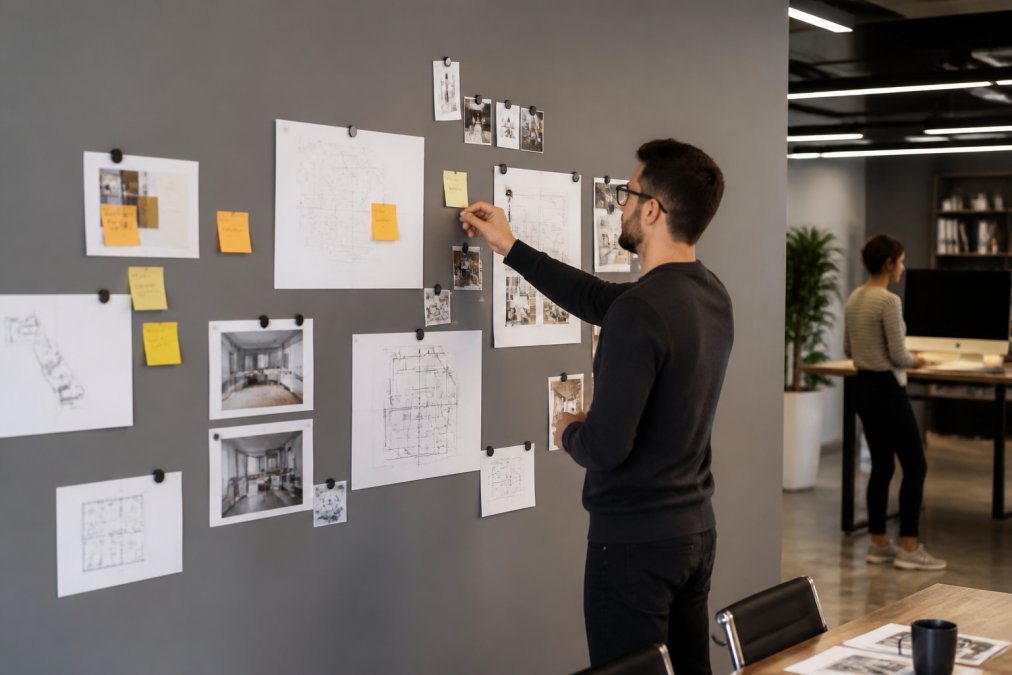 Modern open-plan office with a magnetic feature wall displaying team collaboration boards, sticky notes, and project timelines with magnets holding documents and printed charts