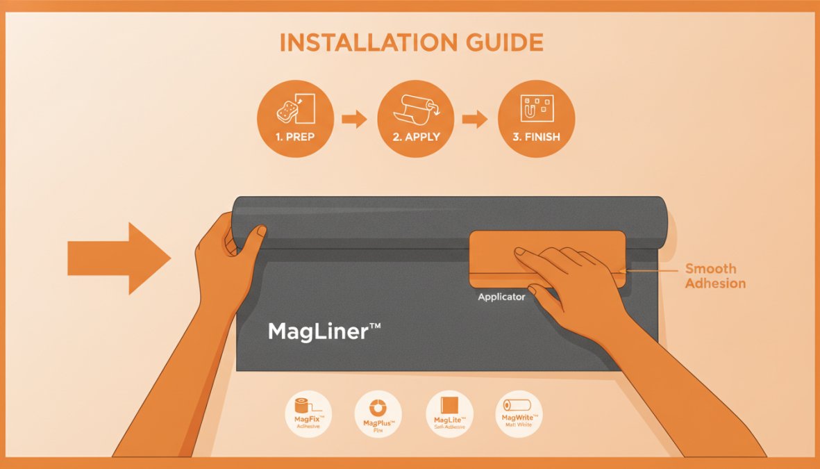 Process diagram showing steps for magnetic wallcovering for rental offices