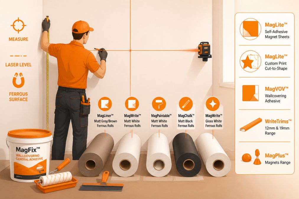 Professional installer measuring and laser-leveling wall surface with precision tools before applying magnetic wallcovering, showing workspace with adhesive materials and ferrous rolls