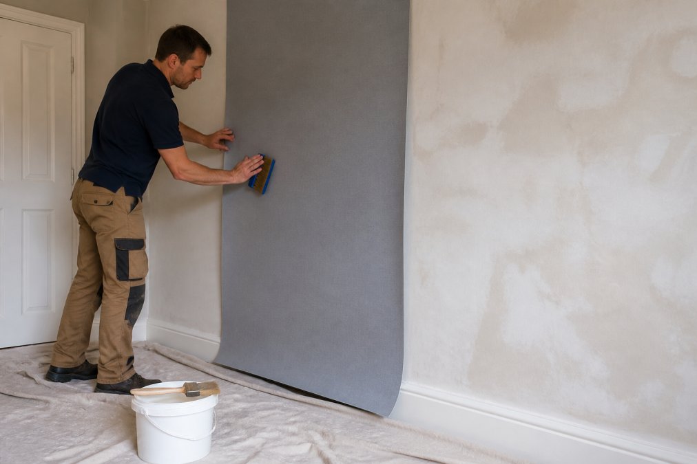 A person in casual work clothes using a smoothing brush to press a grey magnetic wallcovering drop onto a plastered wall, with a pasting brush and adhesive tub on a dust sheet below