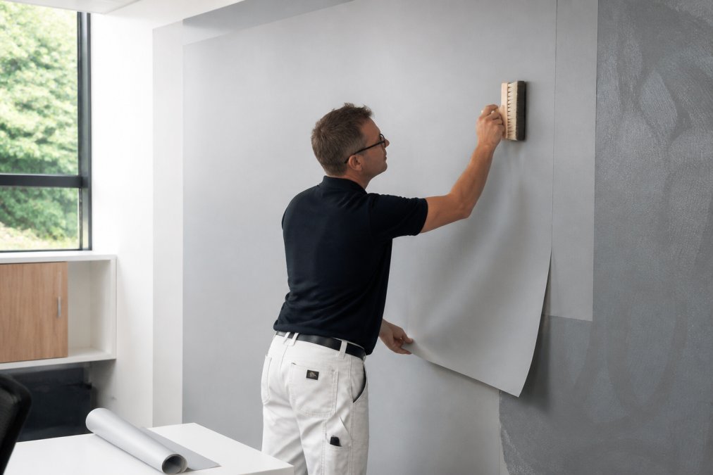 Professional decorator applying magnetic wallcovering to wall using paste-the-wall method, smoothing surface with brush as adhesive shows through, natural daylight from window, modern office setting