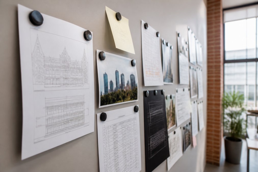 Close-up of magnetic wallcovering surface with multiple neodymium magnets holding documents and notes, documents slightly overlapping, professional office environment with soft overhead lighting