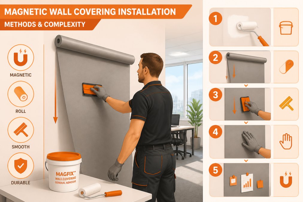 Facilities manager applying ferrous magnetic wallcovering roll to office wall, smoothing the material with a squeegee tool, showing proper technique with natural office lighting