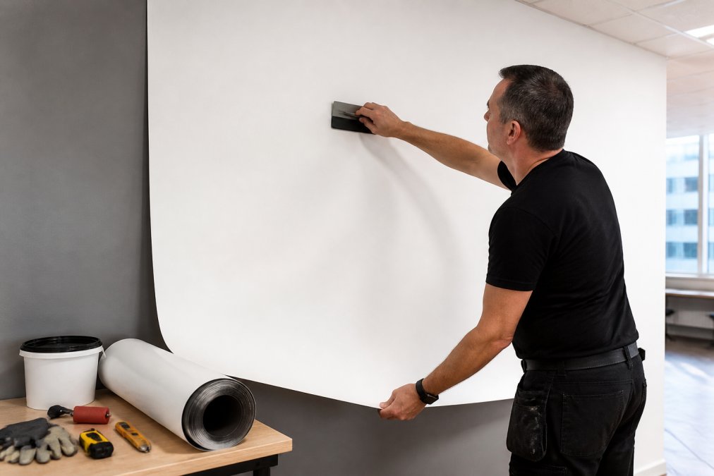 Professional installer carefully smoothing magnetic wallcovering onto office wall using squeegee tool, with precision and attention to detail in well-lit workspace