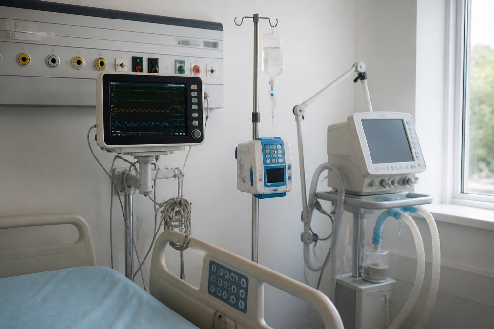 Hospital room with cardiac monitor displaying waveforms, infusion pump on IV stand, and ventilator equipment positioned near a wall installation area with natural window lighting