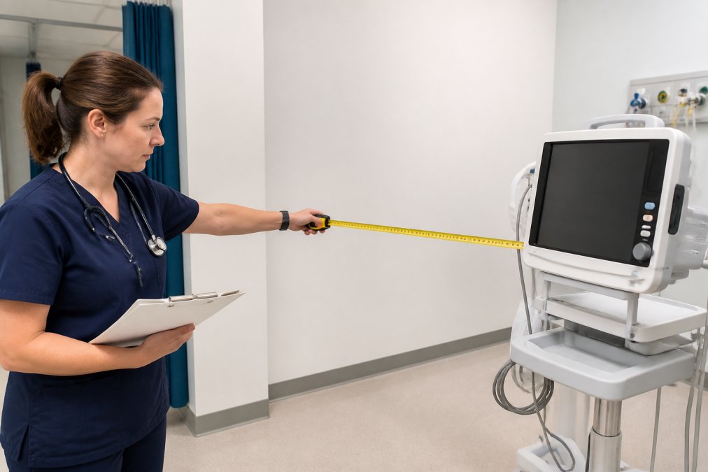 Healthcare worker checking separation distance between cardiac monitor and magnetic wall installation using measurement tape, with clipboard documenting measurements in bright clinical setting