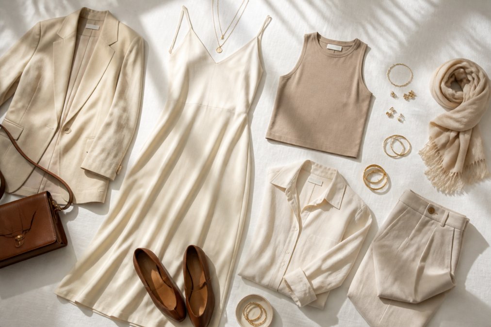 A neatly arranged flat-lay of versatile wardrobe essentials including neutral-toned dresses, a sleeveless top, and minimal accessories laid out on a clean white surface in bright natural light