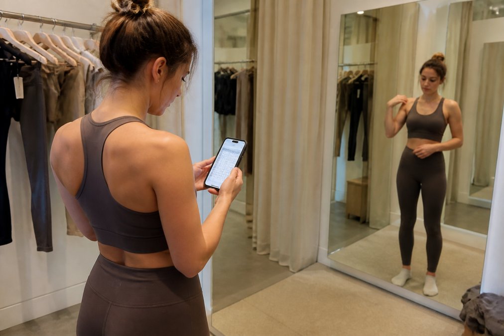Woman trying on different athleisure pieces in a bright fitting room with full-length mirrors, examining fit at the shoulders and waist while reviewing a detailed sizing chart on her phone