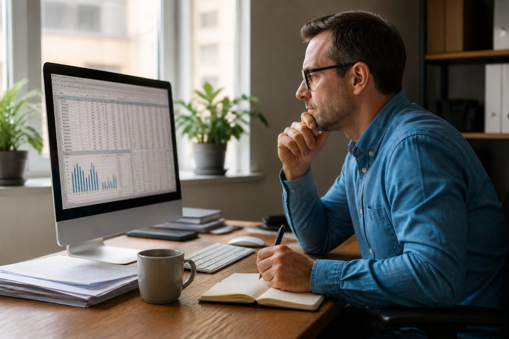 Professional reviewing marketing documents and performance metrics on a computer screen with coffee cup and notebook on desk, focused expression with natural office lighting