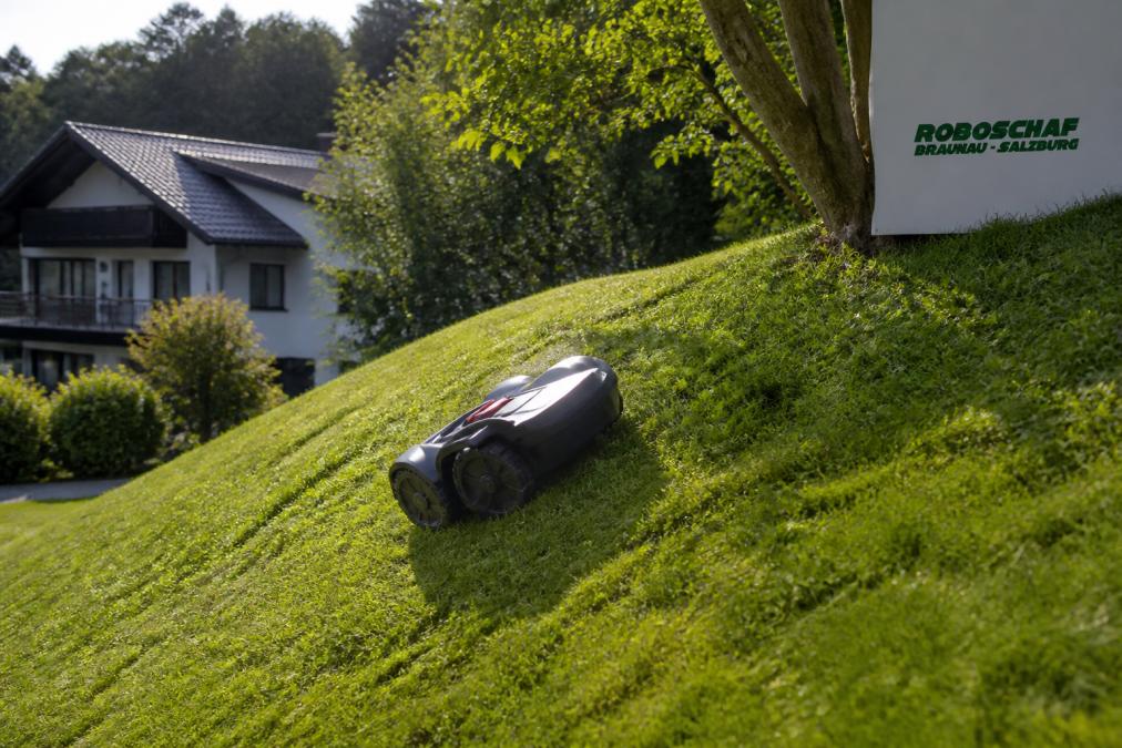 Ein Mähroboter auf einem steilen, grünen Hang in einem privaten Garten, im Hintergrund ein Haus und Bäume, der Roboter arbeitet sichtbar in der Schräge, weiches Tageslicht