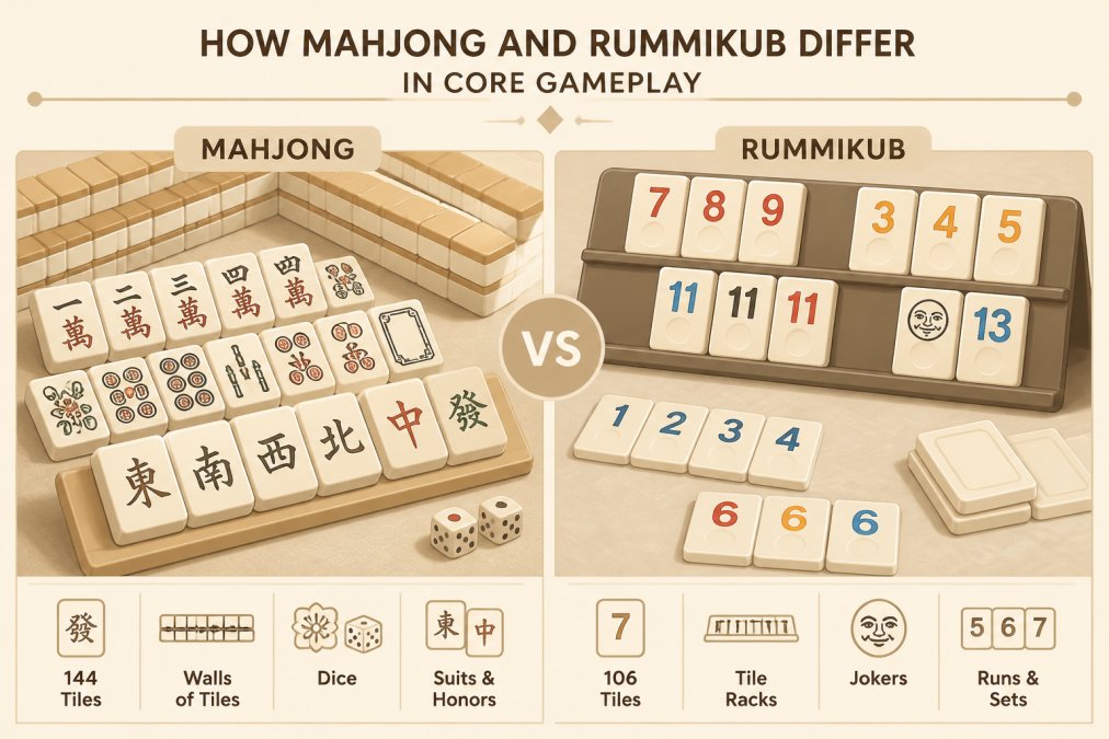 Close-up of a mahjong tile set with Chinese characters and a Rummikub numbered tile rack displayed side by side on a game table, showing the distinct tile styles and components