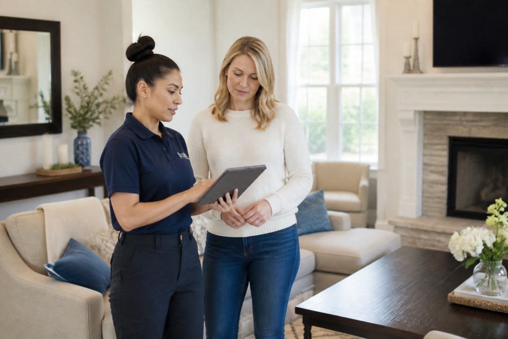 Professional cleaner in uniform conducting a home walkthrough with a homeowner, both reviewing a checklist on a tablet while standing in a bright living room