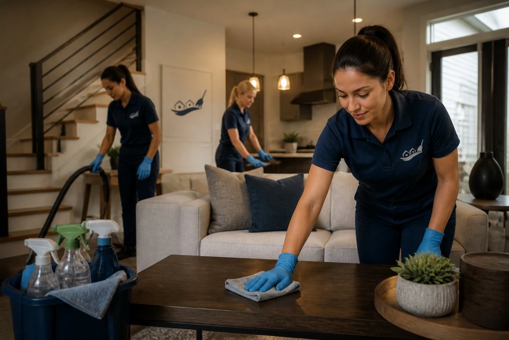 Professional cleaning team in matching uniforms using eco-friendly supplies for local cleaning services