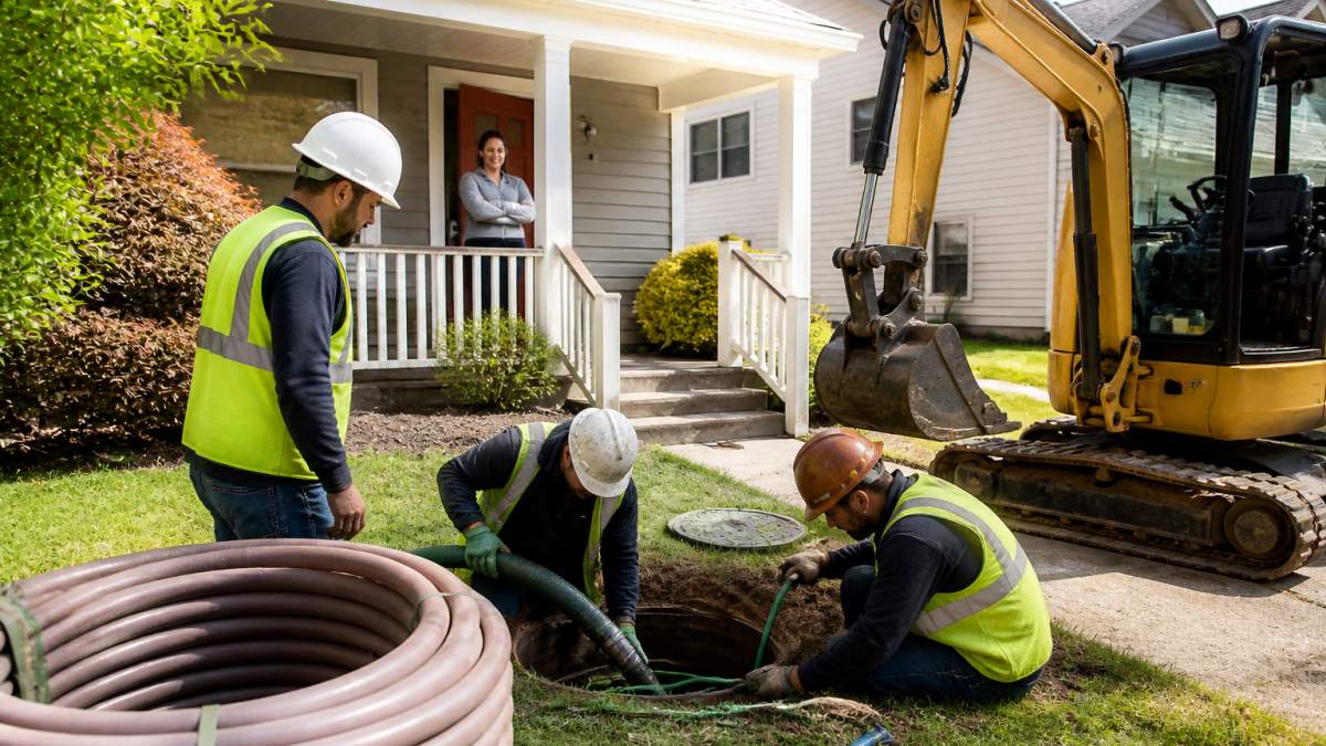 A utility crew in safety vests and hard hats working a residential sewer line access pit in a suburban front yard, with a small excavator and coiled pipe visible, homeowner watching from the porch