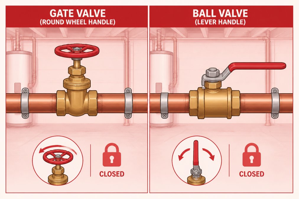 Comparison diagram of gate and ball valves for shutoff when water pipe bursts at night