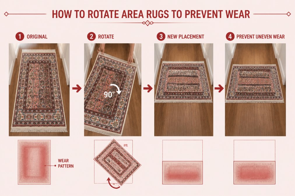 Close-up of hands rotating an antique Persian rug in a hallway, showing the process of moving the rug 90 degrees with visible wear patterns visible on the original placement area