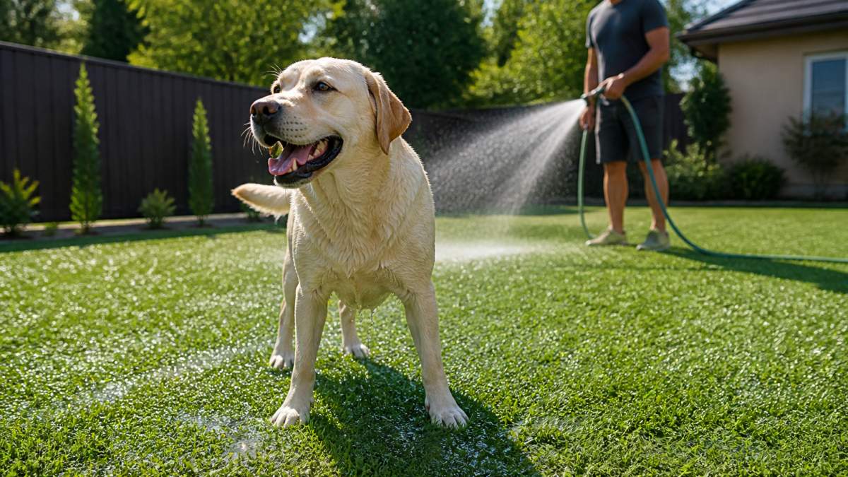 A homeowner uses a garden hose to cool and maintain artificial turf hot weather pets on a sunny afternoon.