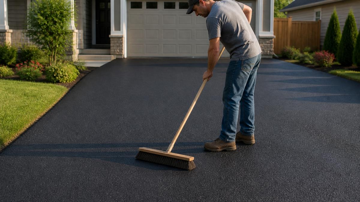 Homeowner sweeping fresh asphalt driveway with soft-bristled broom, showing clean surface technique and proper maintenance stance in afternoon sunlight