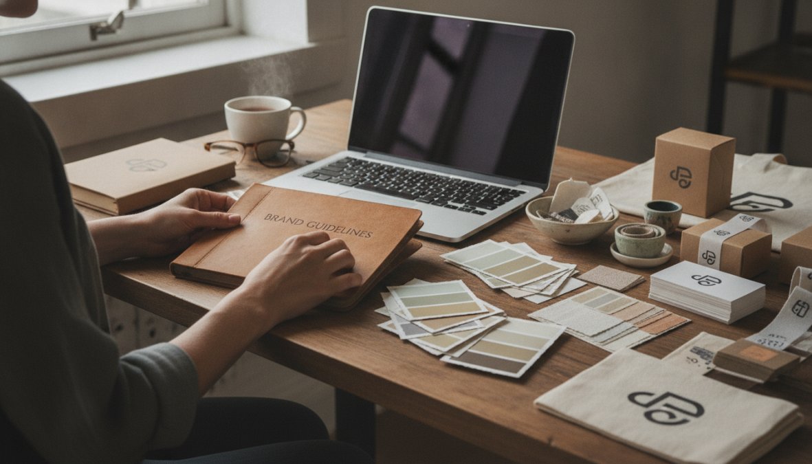 Creative entrepreneur reviewing brand guidelines on laptop with color swatches and design mockups visible on desk workspace in natural studio lighting