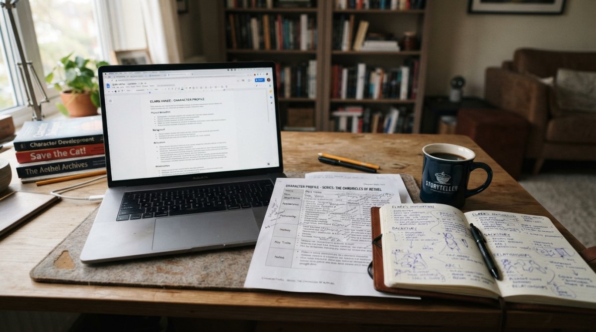A writer's desk with a laptop open showing a character profile document, printed character sheets nearby, coffee mug, and notebook with handwritten character notes