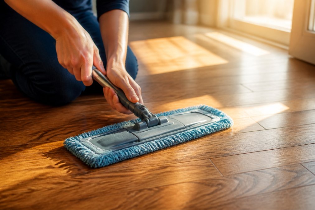 Close-up of hands using a microfiber mop on a hardwood floor with warm sunlight streaming across the wood grain, showing the mop's fibers picking up dust