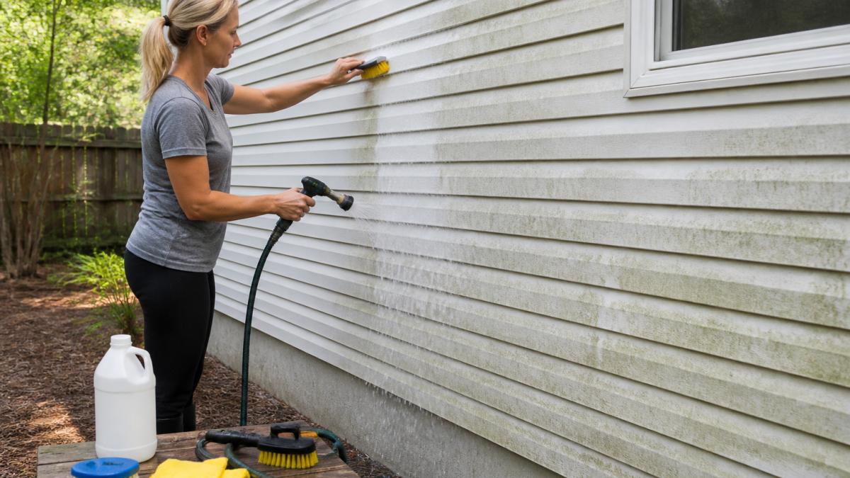 Homeowner gently cleaning vinyl siding with soft-bristled brush and garden hose spray nozzle on a sunny afternoon, demonstrating proper technique with water flowing downward