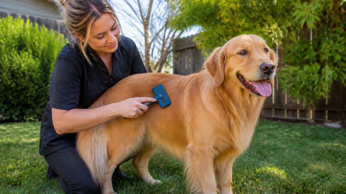 Pet owner gently brushing a dog's coat outdoors in natural light, showing proper brushing technique with the dog standing calmly on grass