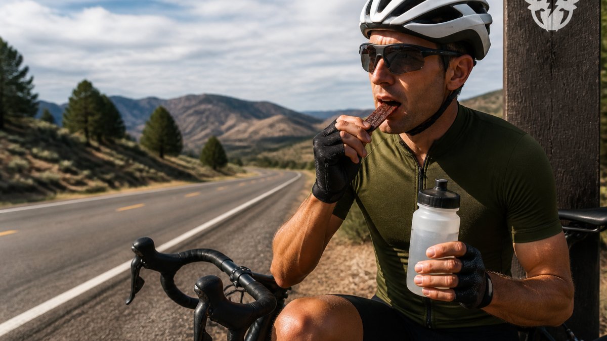 Cyclist on a long ride holding portable carnivore beef jerky and electrolyte drink bottle, with open road and landscape stretching behind, natural daylight