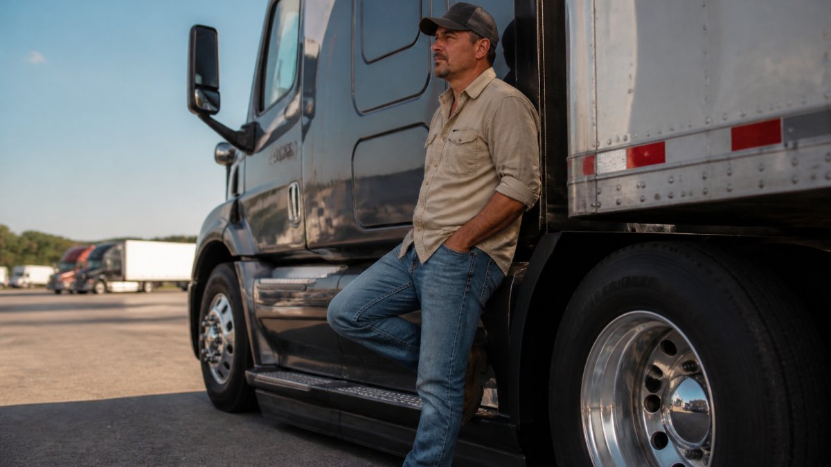 Truck driver resting against a semi-truck during a break feeling alert and refreshed after a short rest