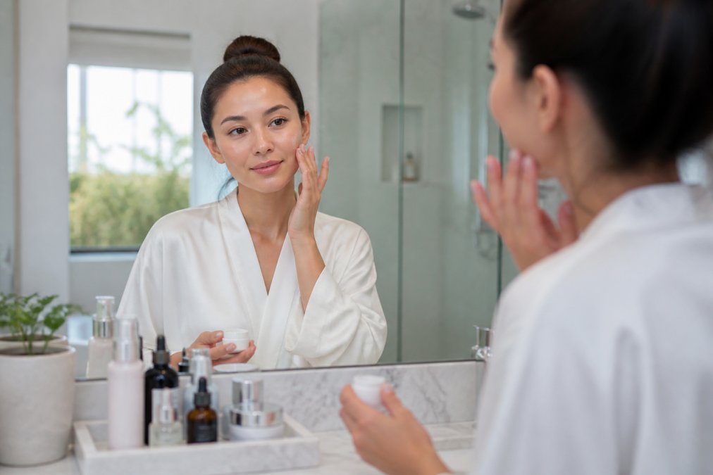 Person applying gentle hydrating moisturizer to face in bright bathroom after treatment, with serums and skincare products visible on marble counter