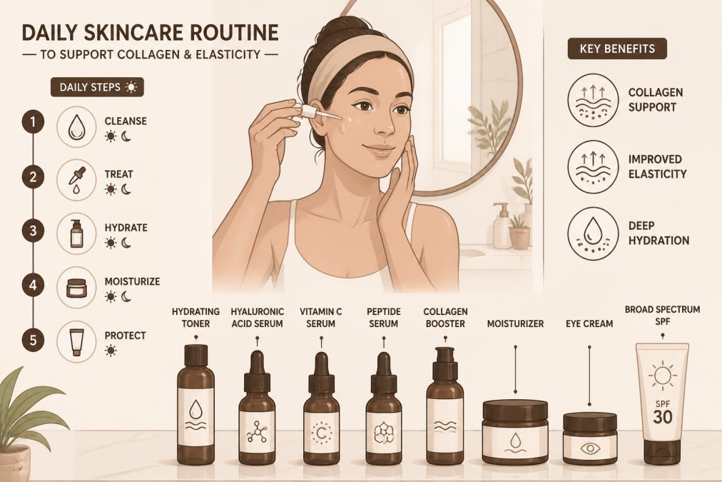 Person applying serums and moisturizers to face in bright bathroom, with multiple skincare bottles arranged on counter showing hydrating and collagen-supporting products