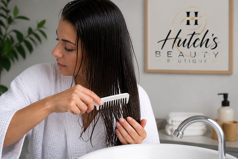 Person gently detangling wet hair with a wide-tooth comb over a bathroom sink, showing proper technique with careful, deliberate strokes and focused attention to hair care