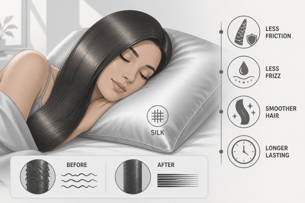 Person sleeping peacefully on a silk pillowcase with long, smooth keratin-treated hair draped gently over the pillow in soft morning light, showing the hair's glossy finish and smooth texture