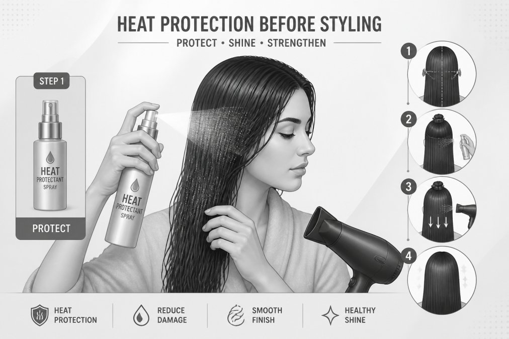 Person carefully applying heat protectant spray to damp hair before blow-drying, showing the product being sprayed in even sections across the hair strands with professional technique