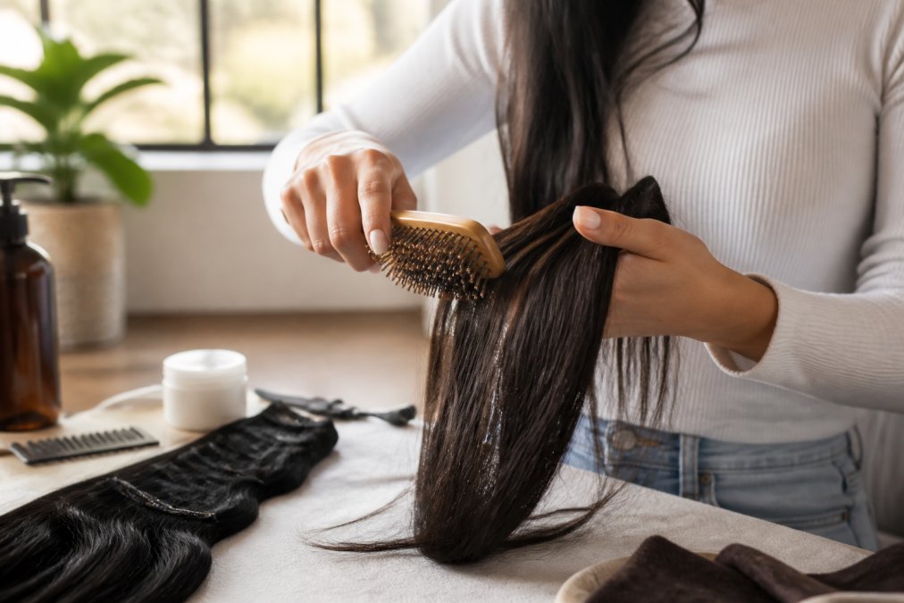 Close-up of a woman's hands gently detangling long dark hair extensions with a gold loop brush, working from the ends upward in soft natural window light