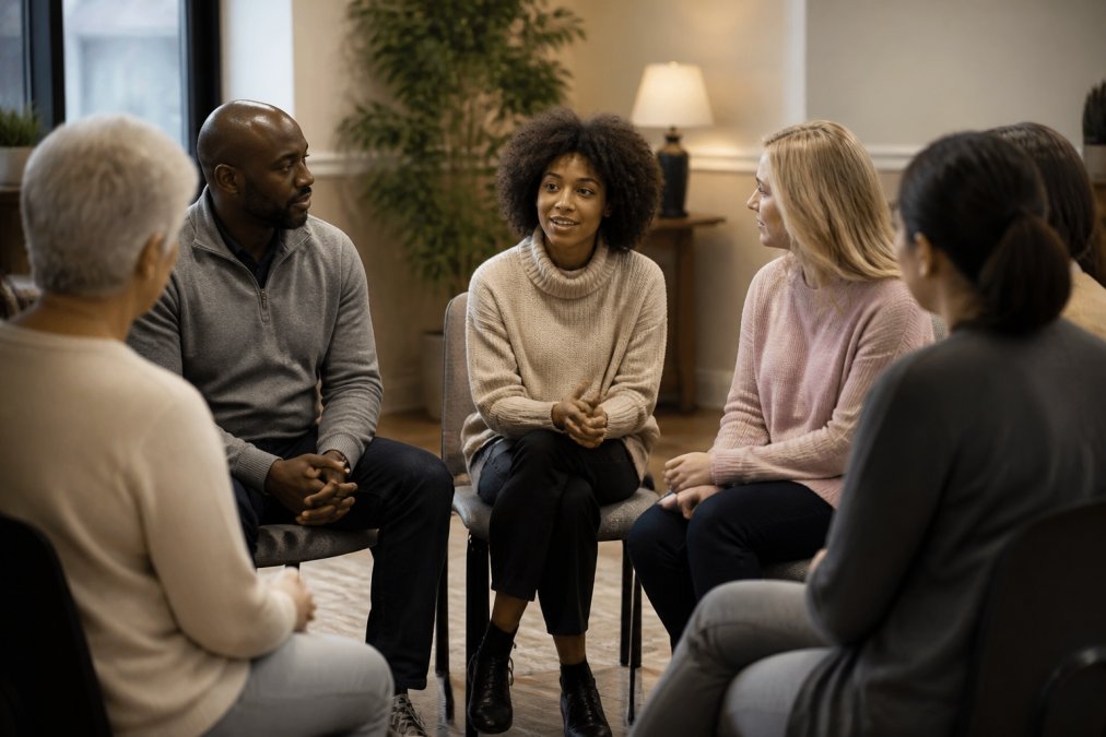 A diverse group of people sitting in a circle during a support meeting, engaged in conversation with warm lighting and comfortable seating, showing genuine connection and active listening